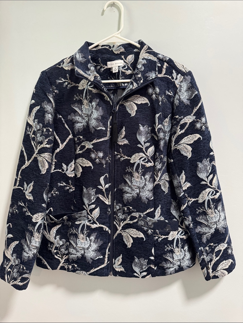 Susan Graver Navy Floral Zip-Up Jacket